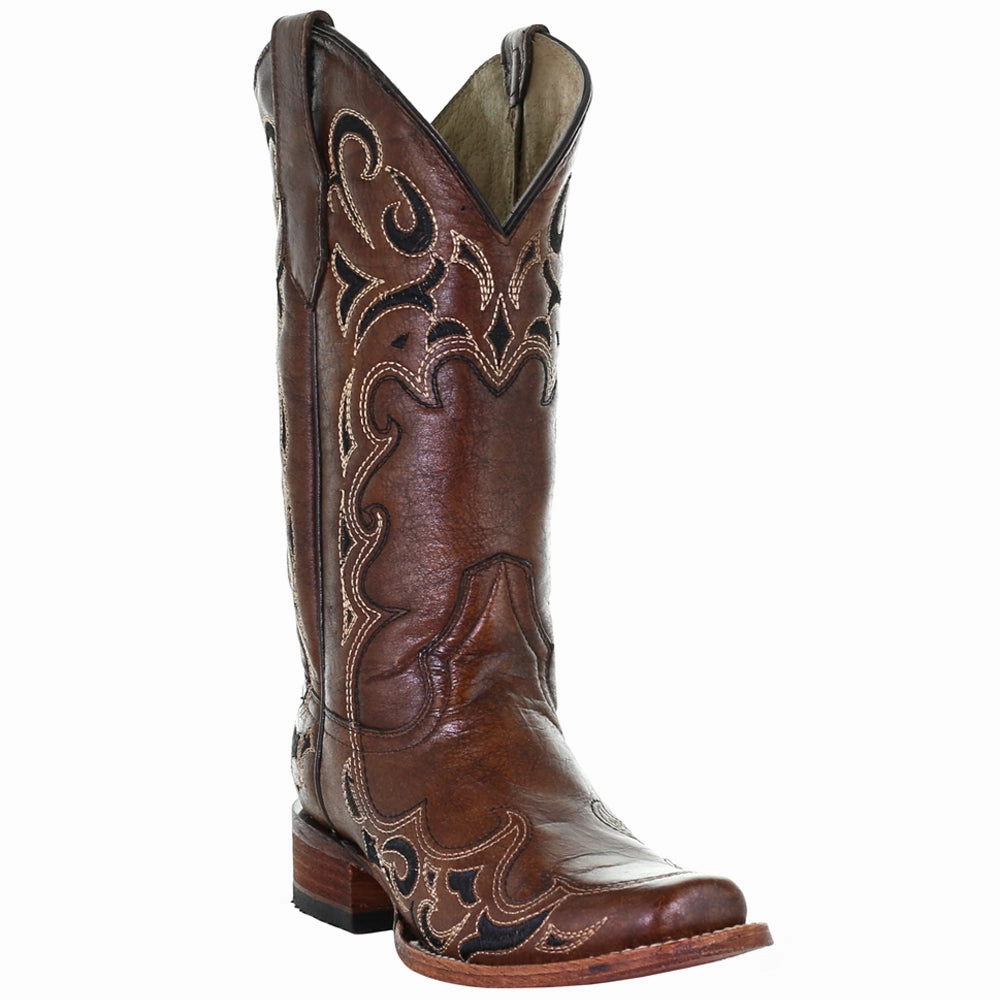 Tooled Inlay Square Toe Cowboy Boots Outstanding