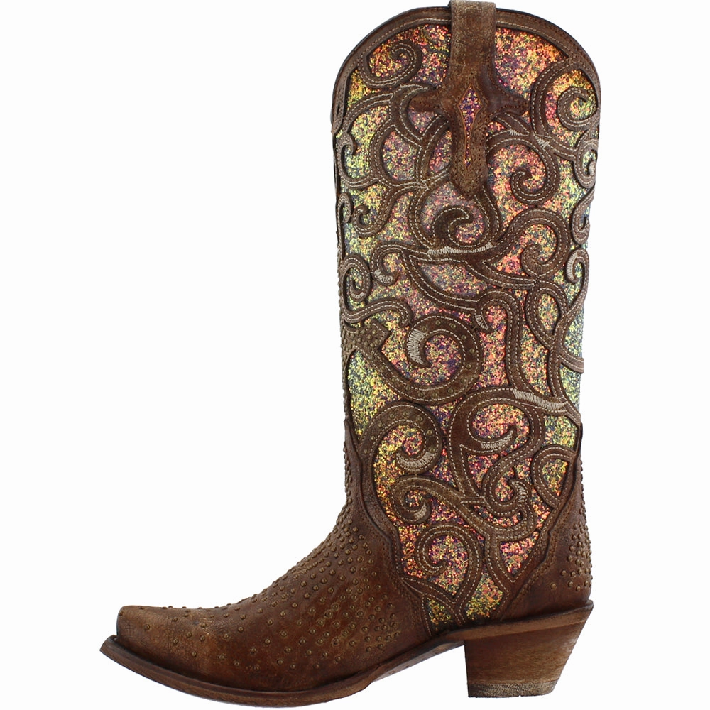 Glitter Tooled Inlay Snip Toe Cowboy Boots most indoor