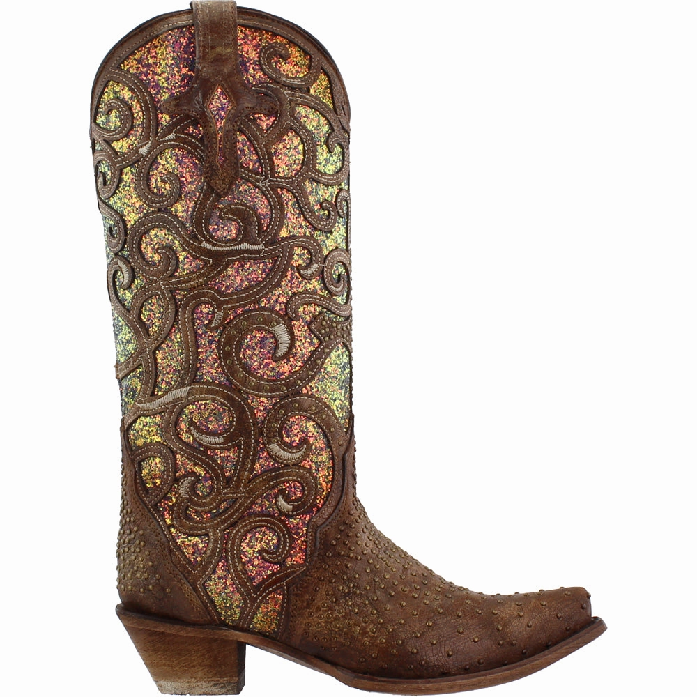 Glitter Tooled Inlay Snip Toe Cowboy Boots school students' loafers sunny
