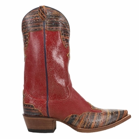 Vera Red Striped Tooled-Inlay Snip Toe Cowboy Boots Utility Design Durable Comfort